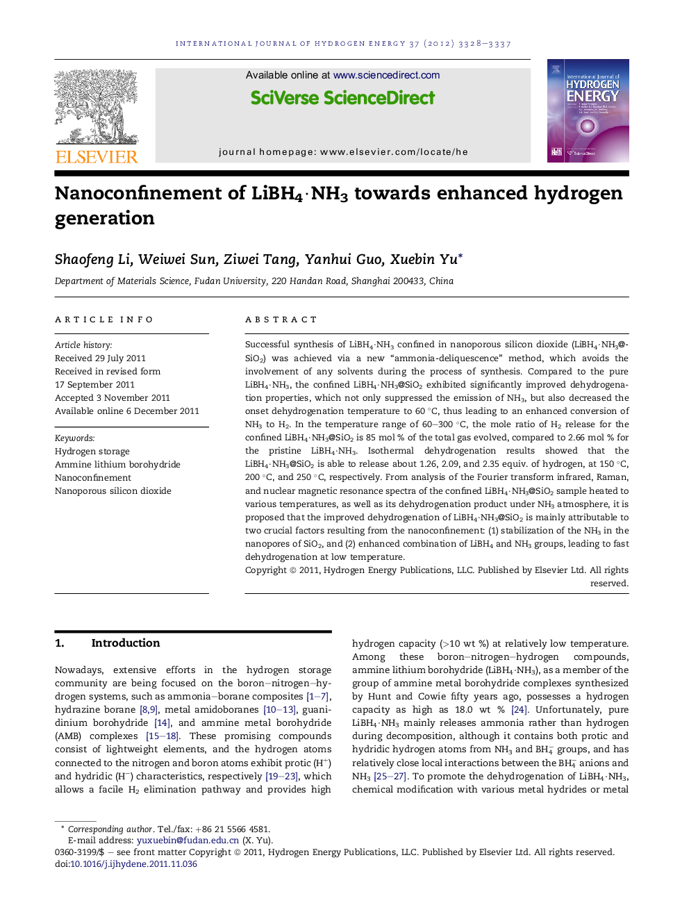 Nanoconfinement of LiBH4·NH3 towards enhanced hydrogen generation