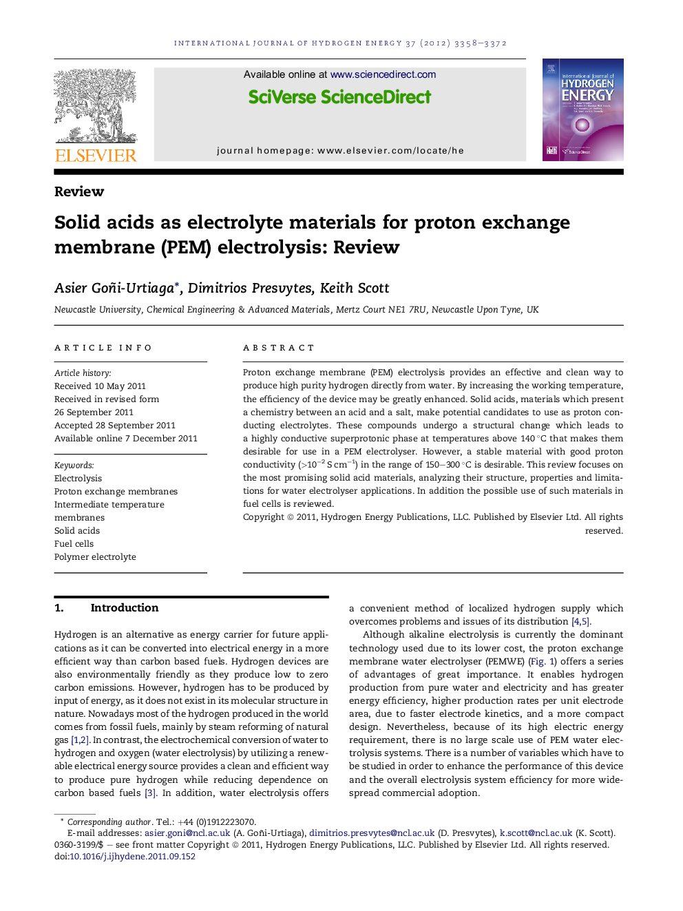 Solid acids as electrolyte materials for proton exchange membrane (PEM) electrolysis: Review