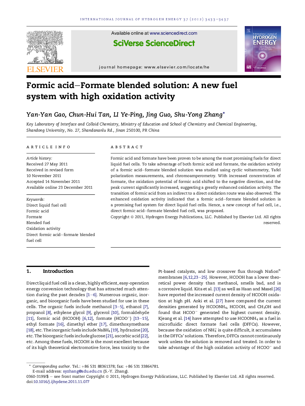 Formic acid–Formate blended solution: A new fuel system with high oxidation activity