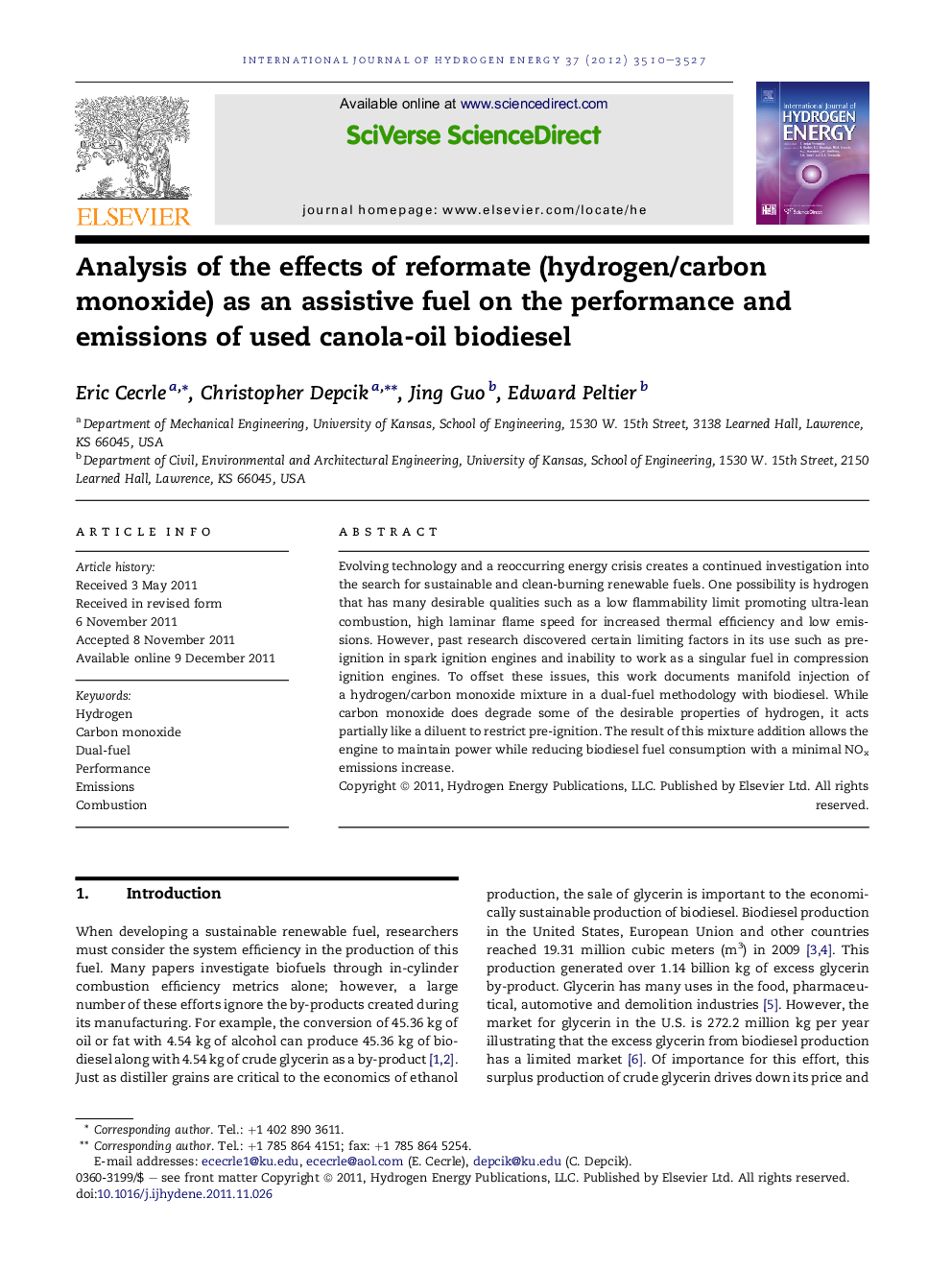 Analysis of the effects of reformate (hydrogen/carbon monoxide) as an assistive fuel on the performance and emissions of used canola-oil biodiesel