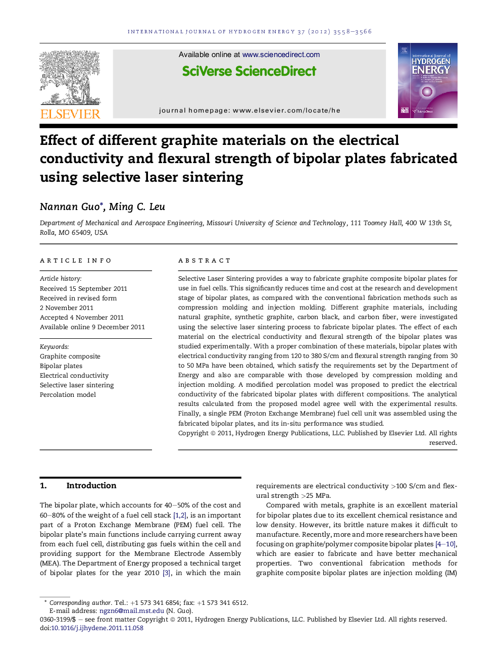 Effect of different graphite materials on the electrical conductivity and flexural strength of bipolar plates fabricated using selective laser sintering