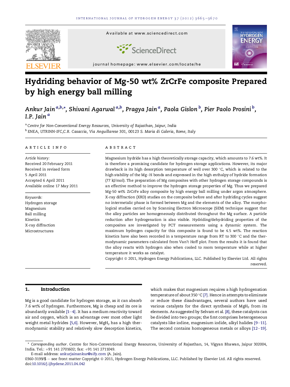 Hydriding behavior of Mg-50 wt% ZrCrFe composite Prepared by high energy ball milling