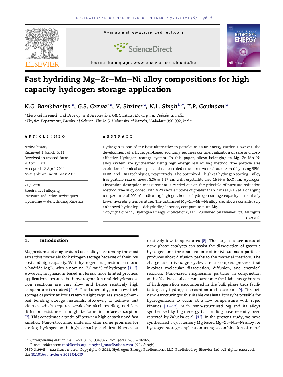 Fast hydriding Mg–Zr–Mn–Ni alloy compositions for high capacity hydrogen storage application