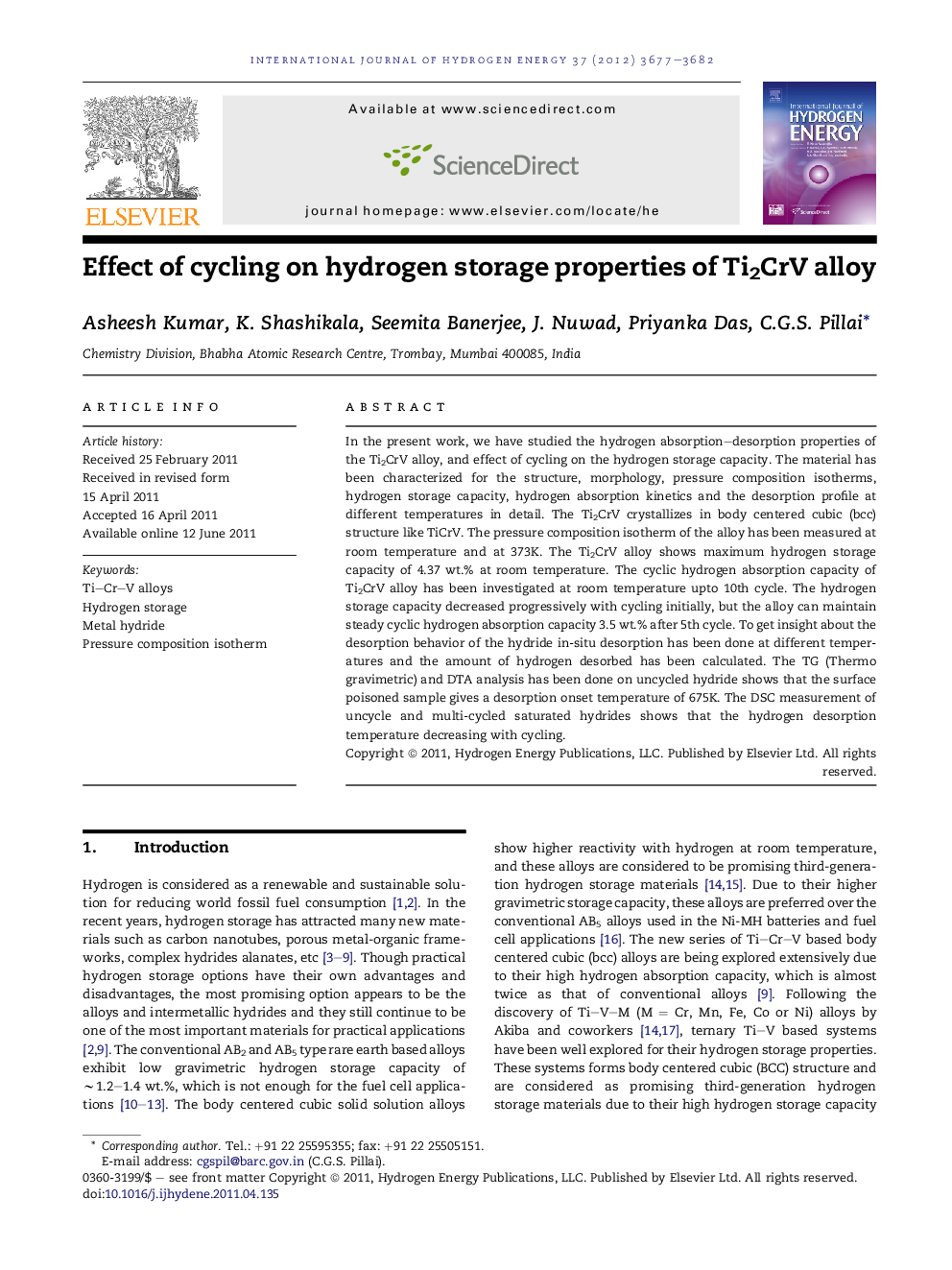 Effect of cycling on hydrogen storage properties of Ti2CrV alloy