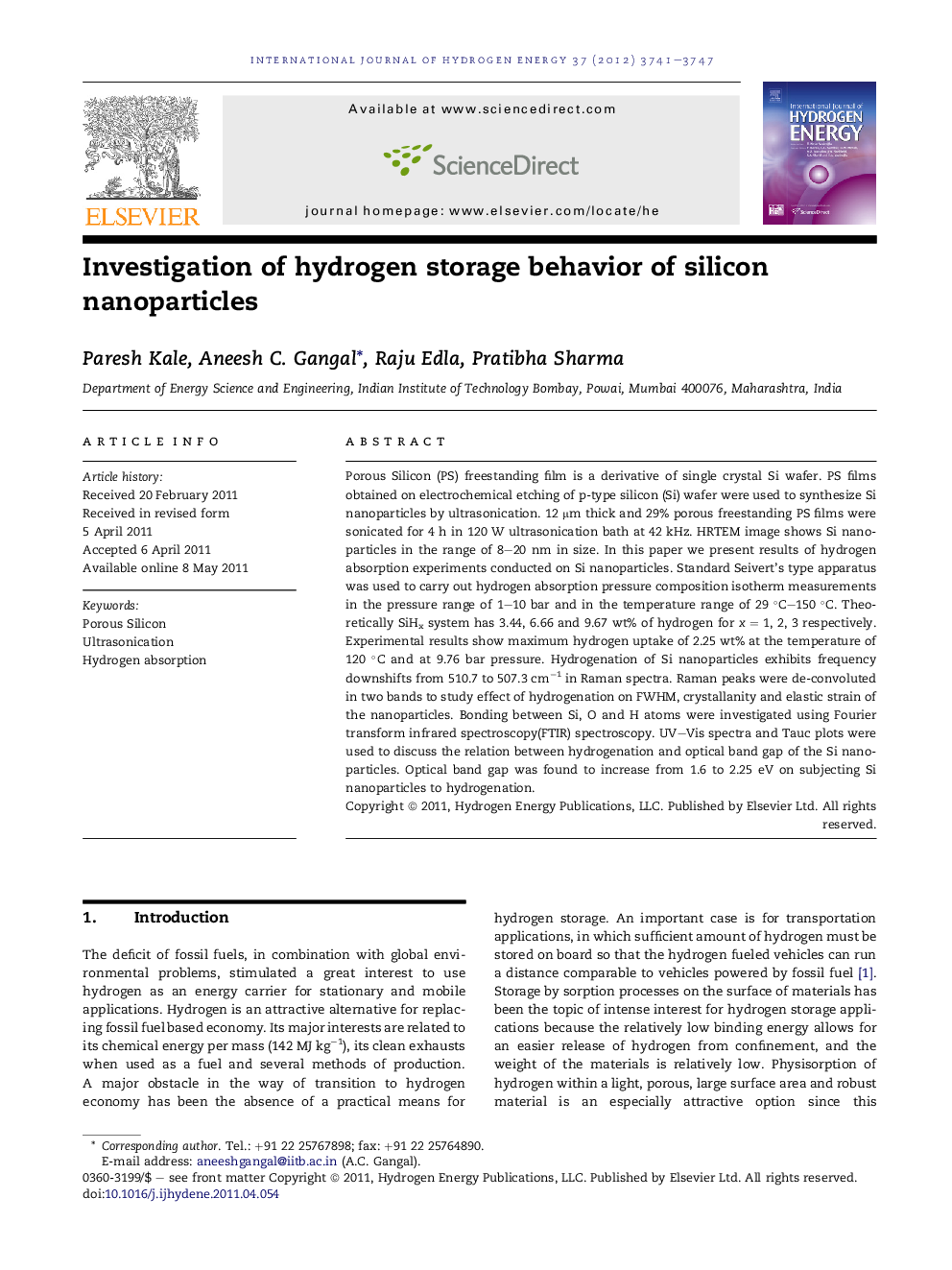 Investigation of hydrogen storage behavior of silicon nanoparticles