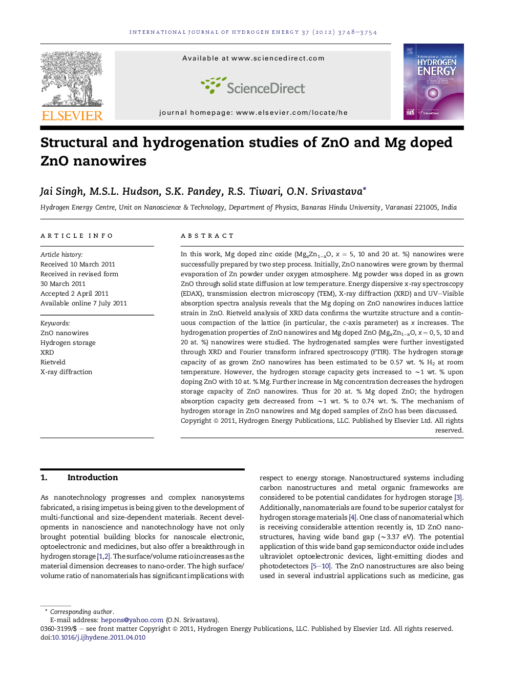 Structural and hydrogenation studies of ZnO and Mg doped ZnO nanowires