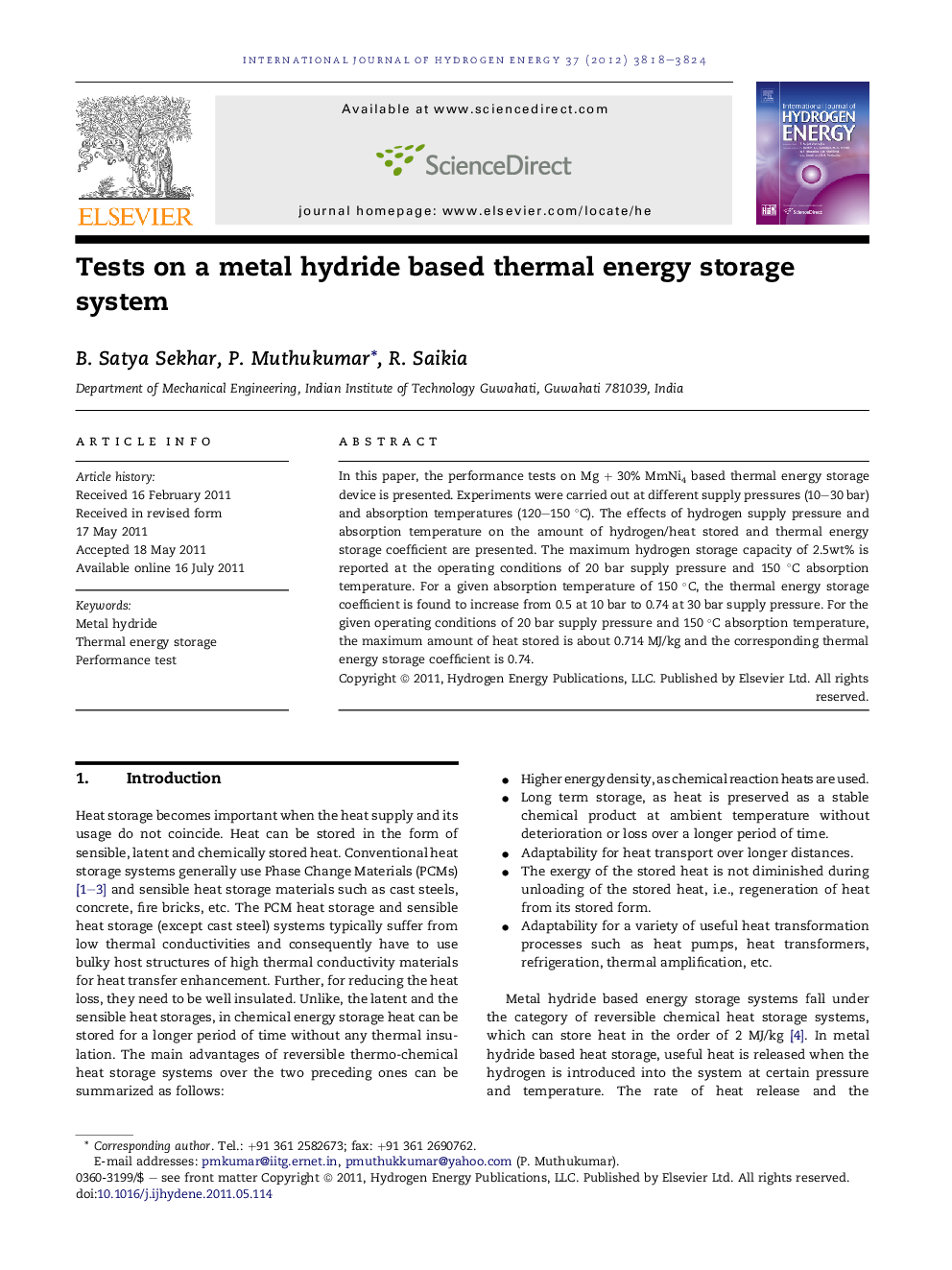 Tests on a metal hydride based thermal energy storage system