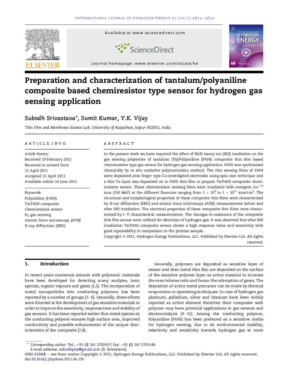 Preparation and characterization of tantalum/polyaniline composite based chemiresistor type sensor for hydrogen gas sensing application