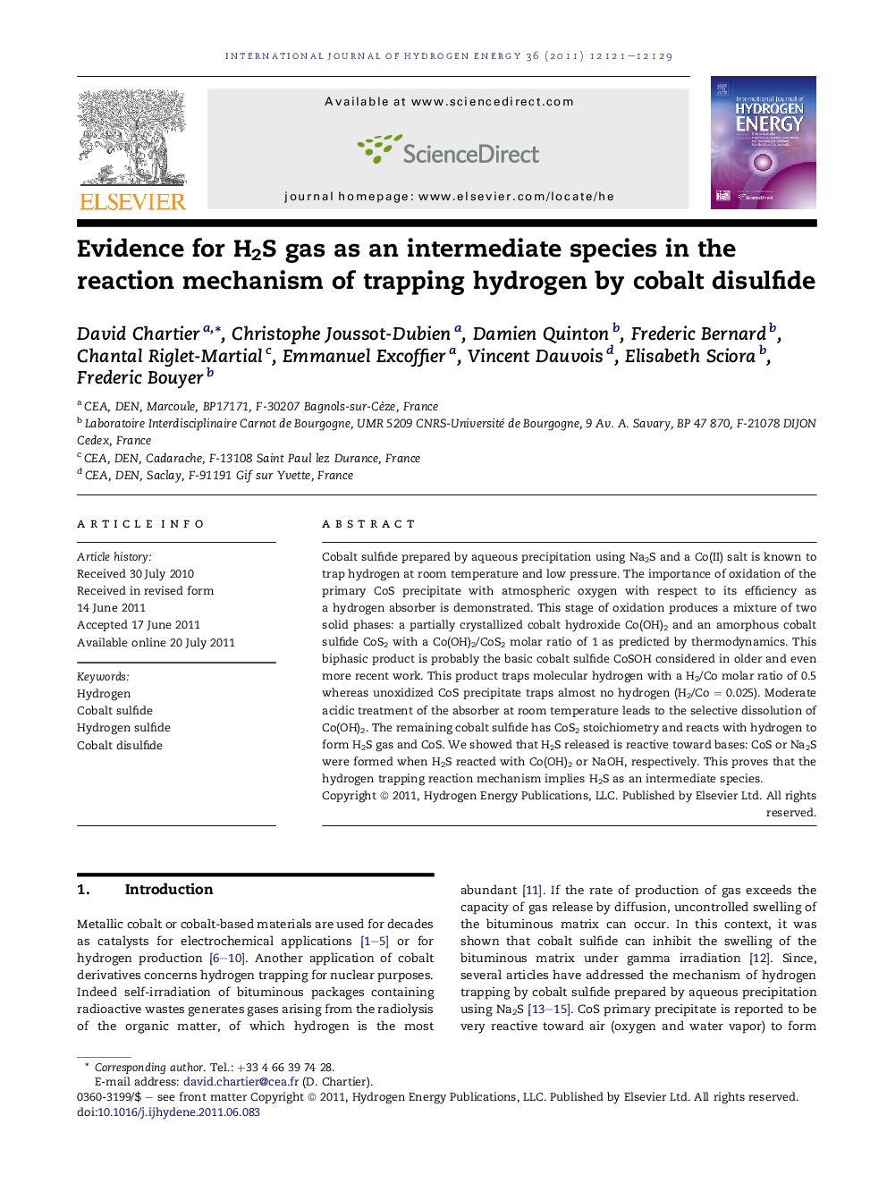 Evidence for H2S gas as an intermediate species in the reaction mechanism of trapping hydrogen by cobalt disulfide