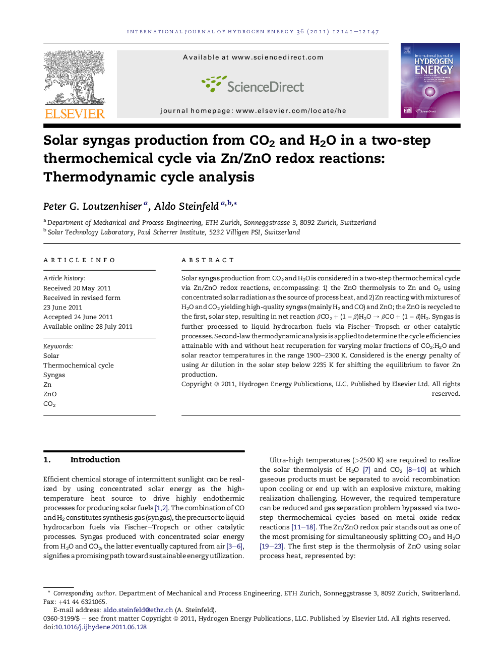 Solar syngas production from CO2 and H2O in a two-step thermochemical cycle via Zn/ZnO redox reactions: Thermodynamic cycle analysis