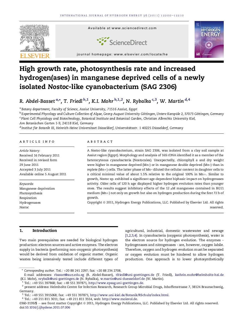 High growth rate, photosynthesis rate and increased hydrogen(ases) in manganese deprived cells of a newly isolated Nostoc-like cyanobacterium (SAG 2306)