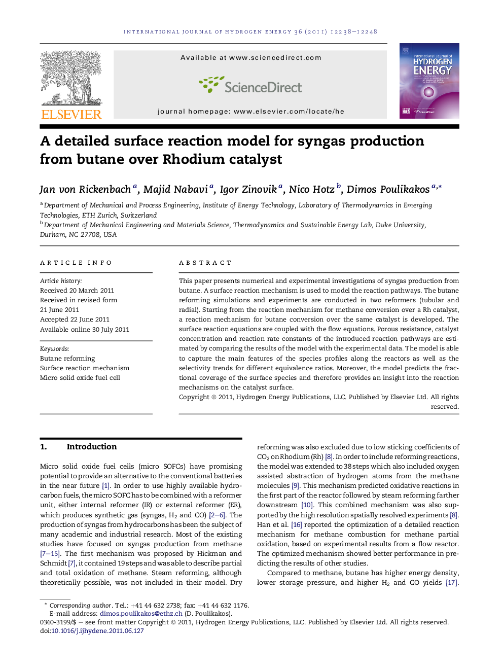 A detailed surface reaction model for syngas production from butane over Rhodium catalyst