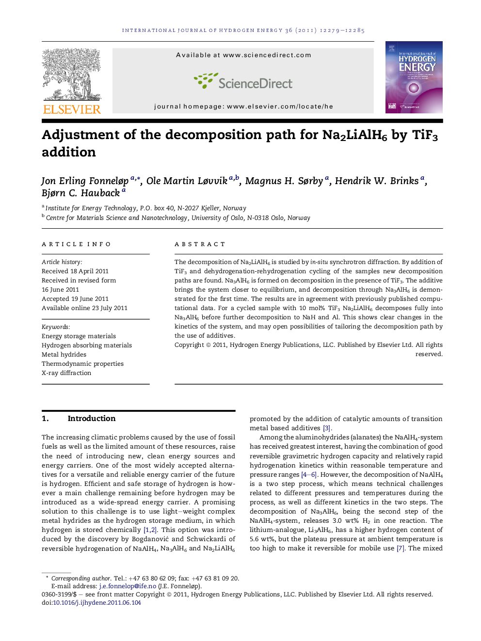 Adjustment of the decomposition path for Na2LiAlH6 by TiF3 addition