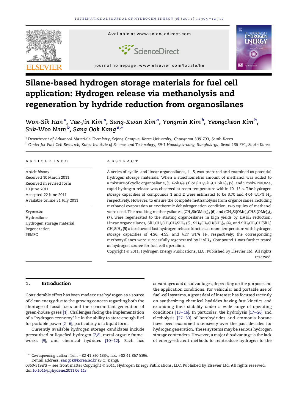 Silane-based hydrogen storage materials for fuel cell application: Hydrogen release via methanolysis and regeneration by hydride reduction from organosilanes