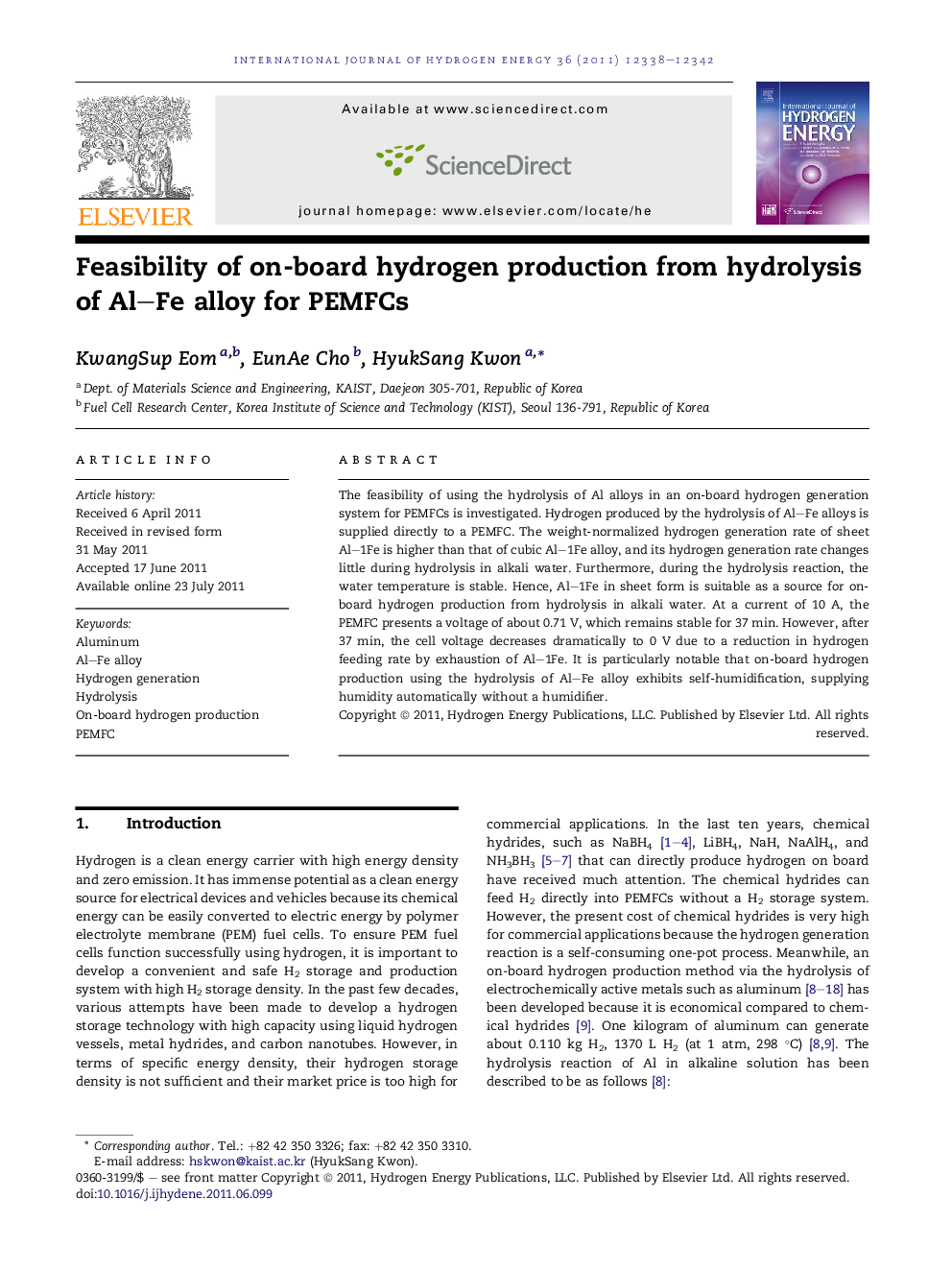 Feasibility of on-board hydrogen production from hydrolysis of Al–Fe alloy for PEMFCs