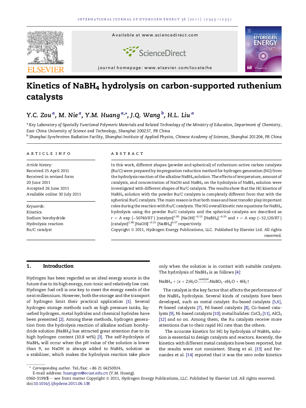 Kinetics of NaBH4 hydrolysis on carbon-supported ruthenium catalysts