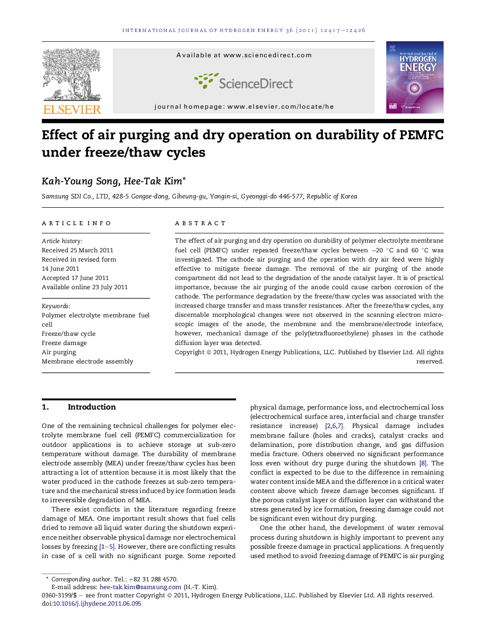 Effect of air purging and dry operation on durability of PEMFC under freeze/thaw cycles