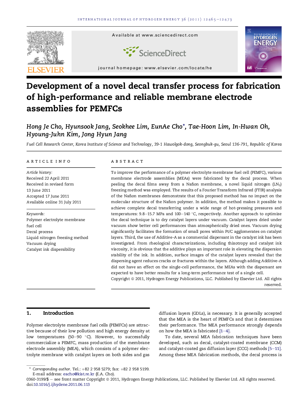 Development of a novel decal transfer process for fabrication of high-performance and reliable membrane electrode assemblies for PEMFCs