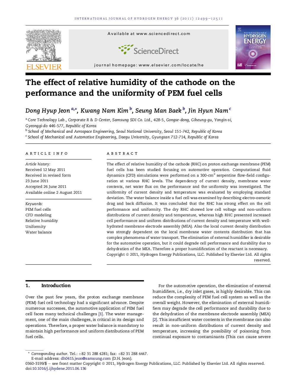 The effect of relative humidity of the cathode on the performance and the uniformity of PEM fuel cells