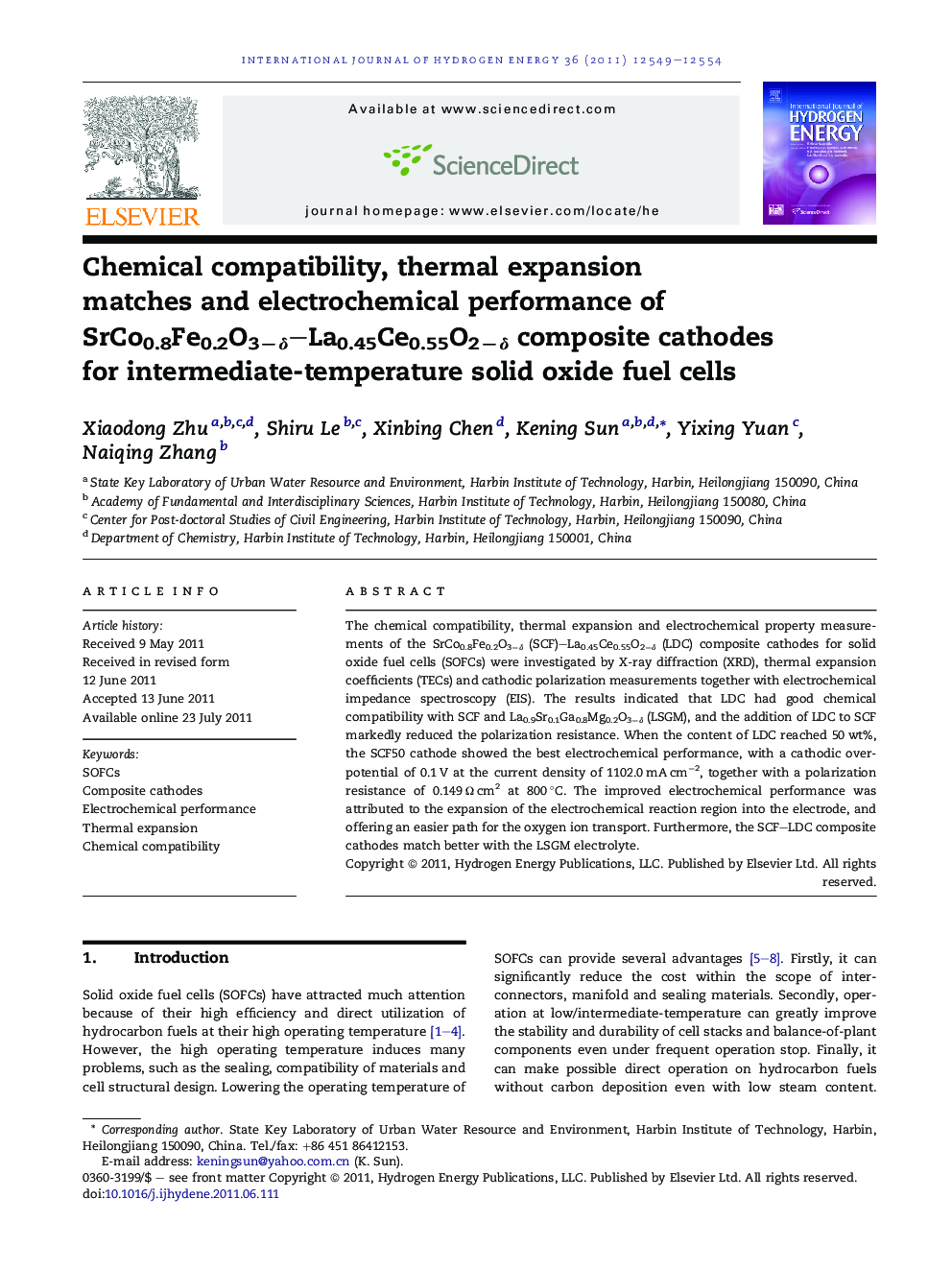 Chemical compatibility, thermal expansion matches and electrochemical performance of SrCo0.8Fe0.2O3−δ–La0.45Ce0.55O2−δ composite cathodes for intermediate-temperature solid oxide fuel cells