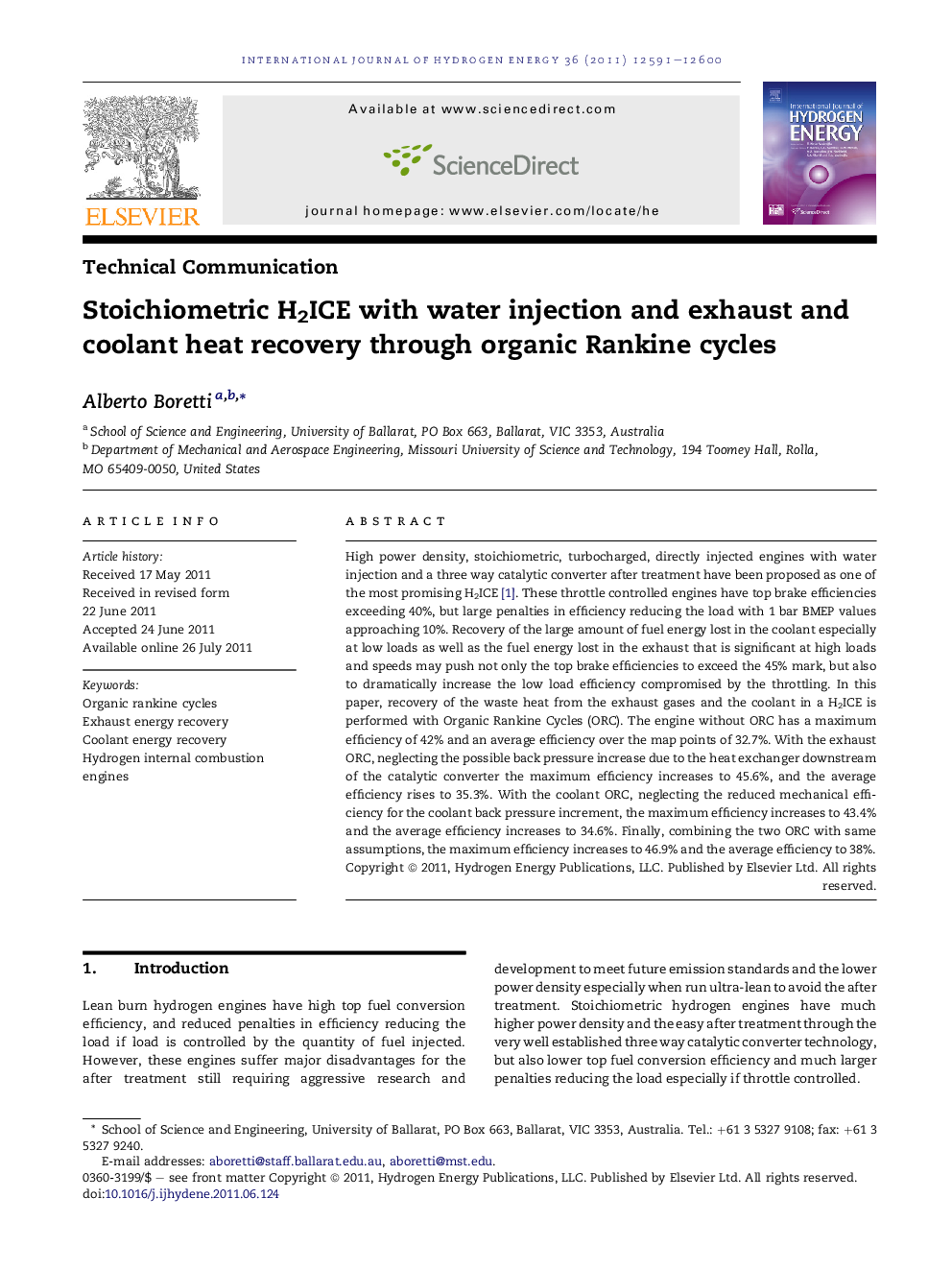 Stoichiometric H2ICE with water injection and exhaust and coolant heat recovery through organic Rankine cycles