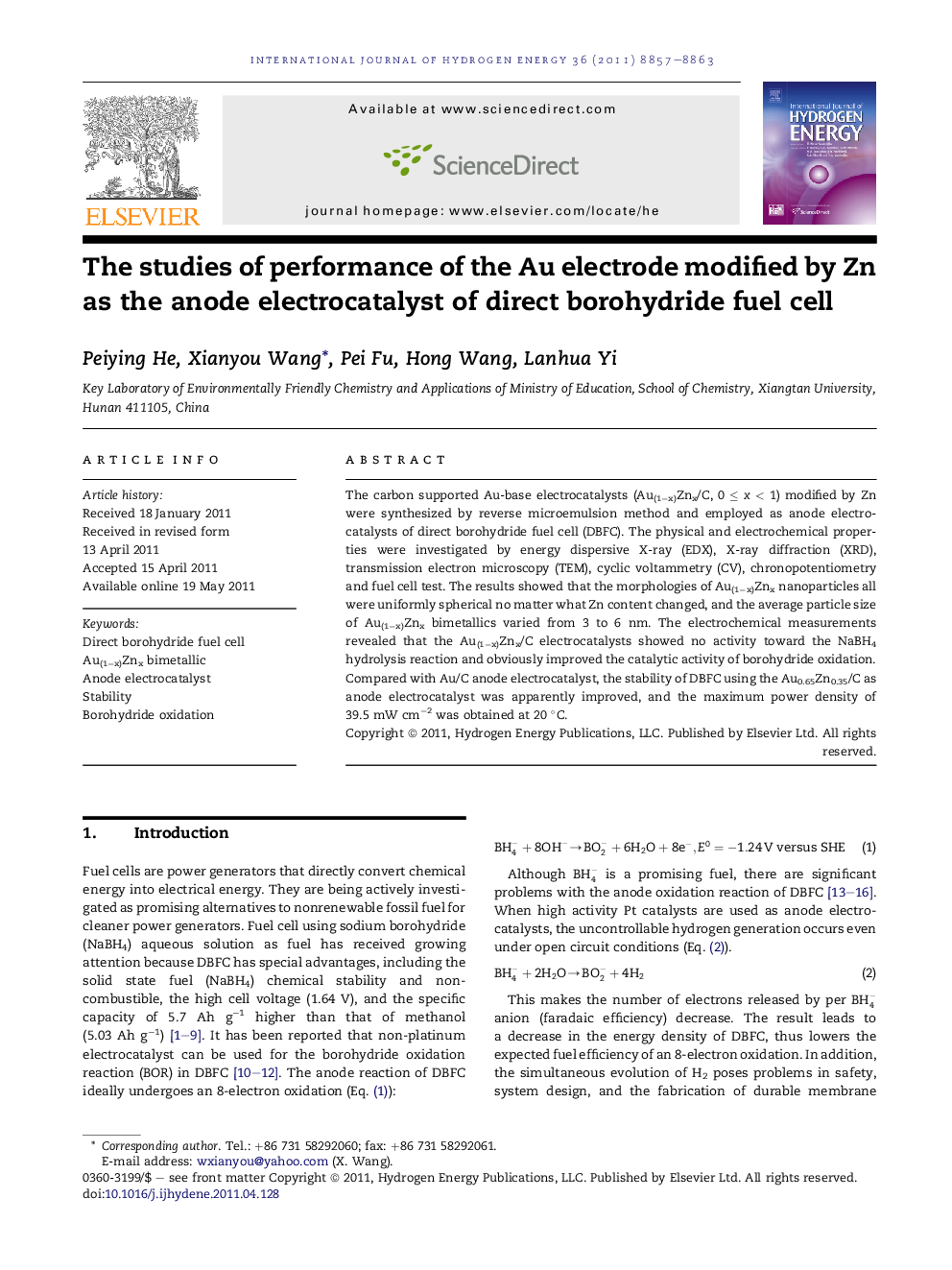 The studies of performance of the Au electrode modified by Zn as the anode electrocatalyst of direct borohydride fuel cell