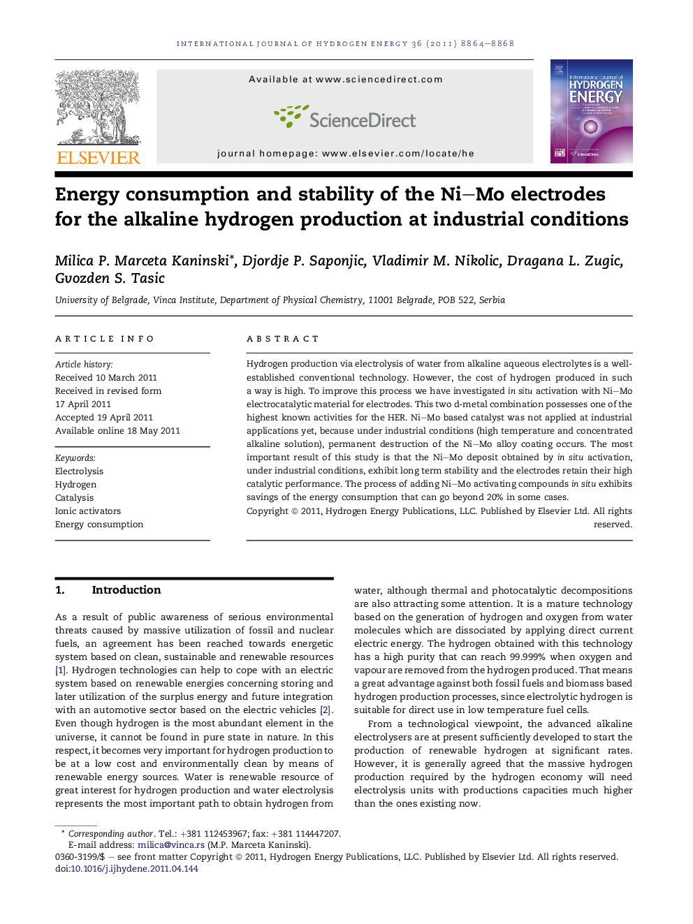 Energy consumption and stability of the Ni–Mo electrodes for the alkaline hydrogen production at industrial conditions