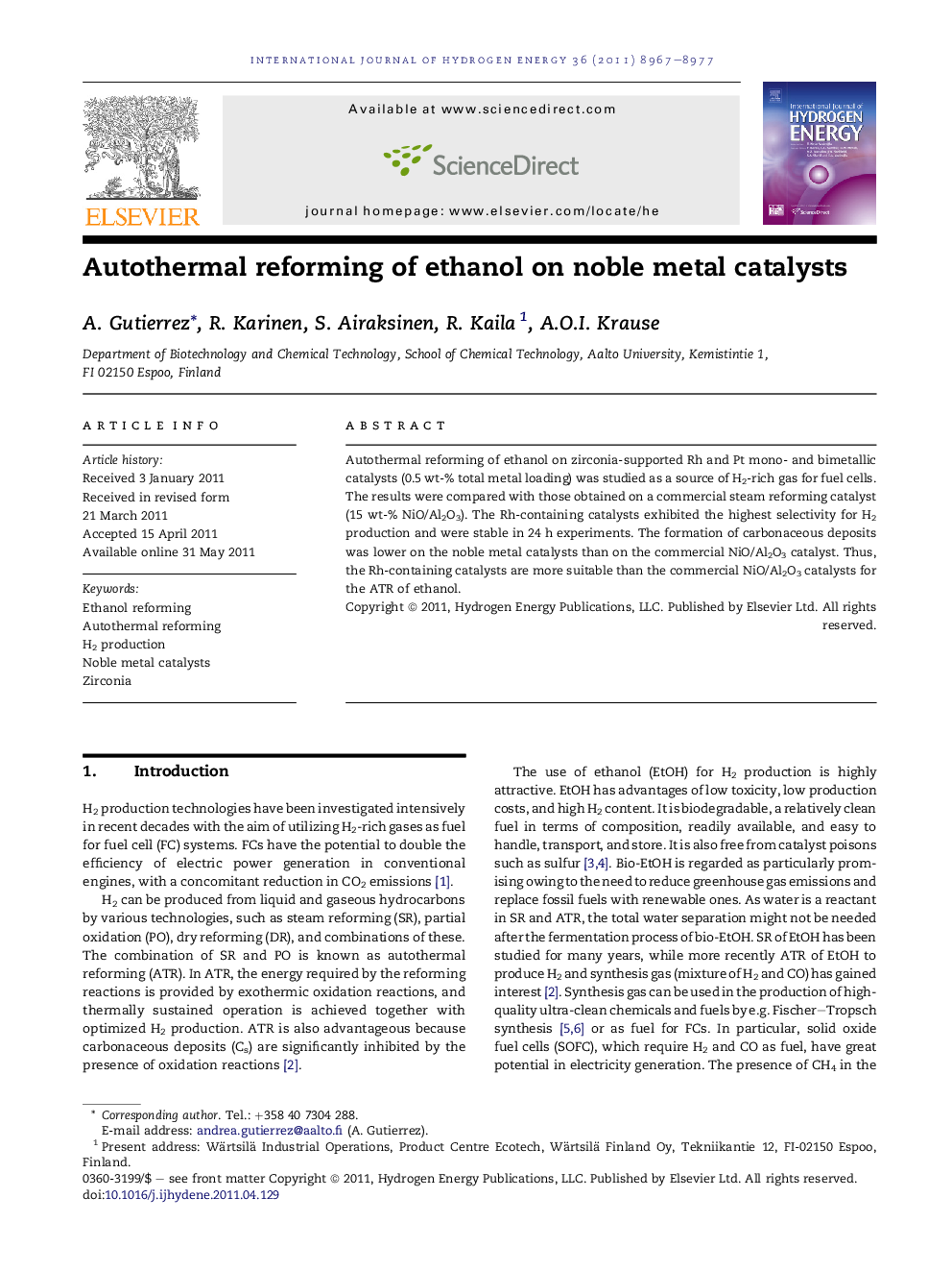 Autothermal reforming of ethanol on noble metal catalysts