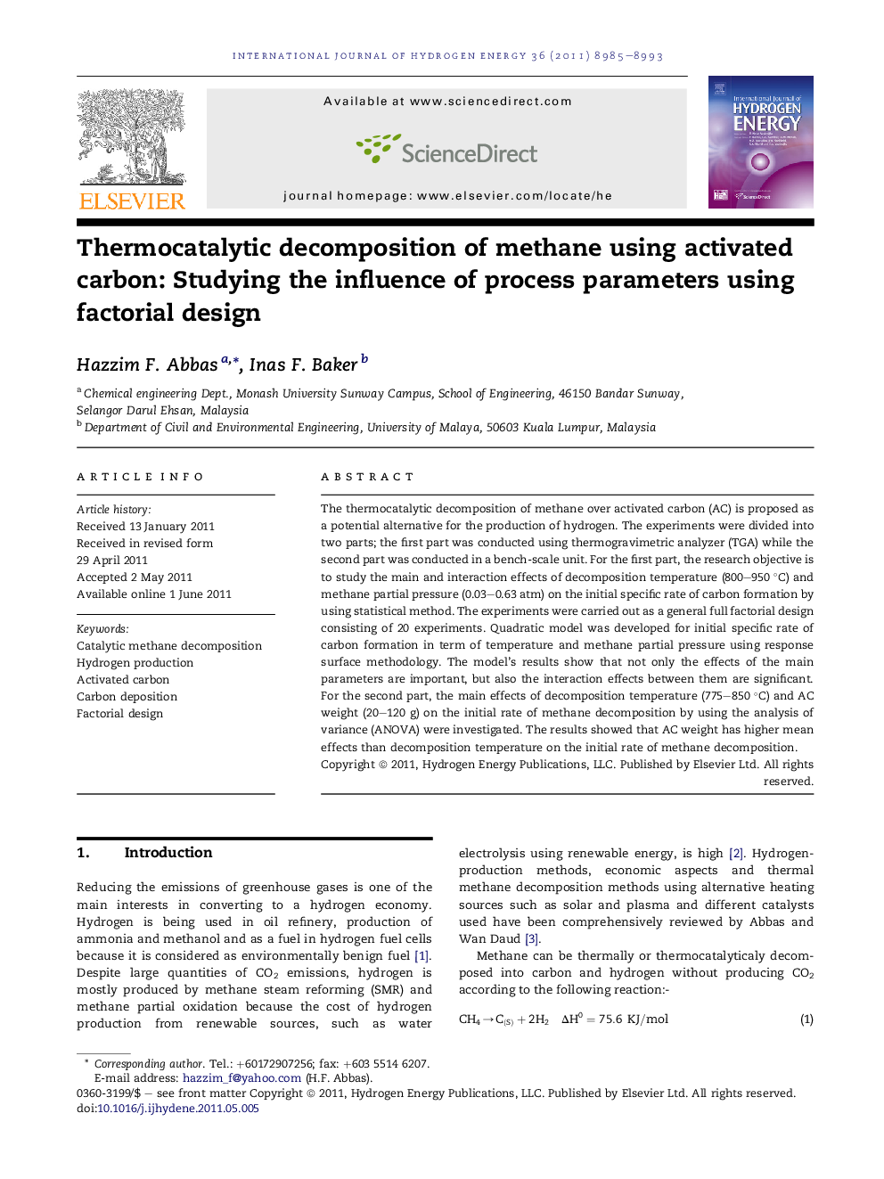 Thermocatalytic decomposition of methane using activated carbon: Studying the influence of process parameters using factorial design