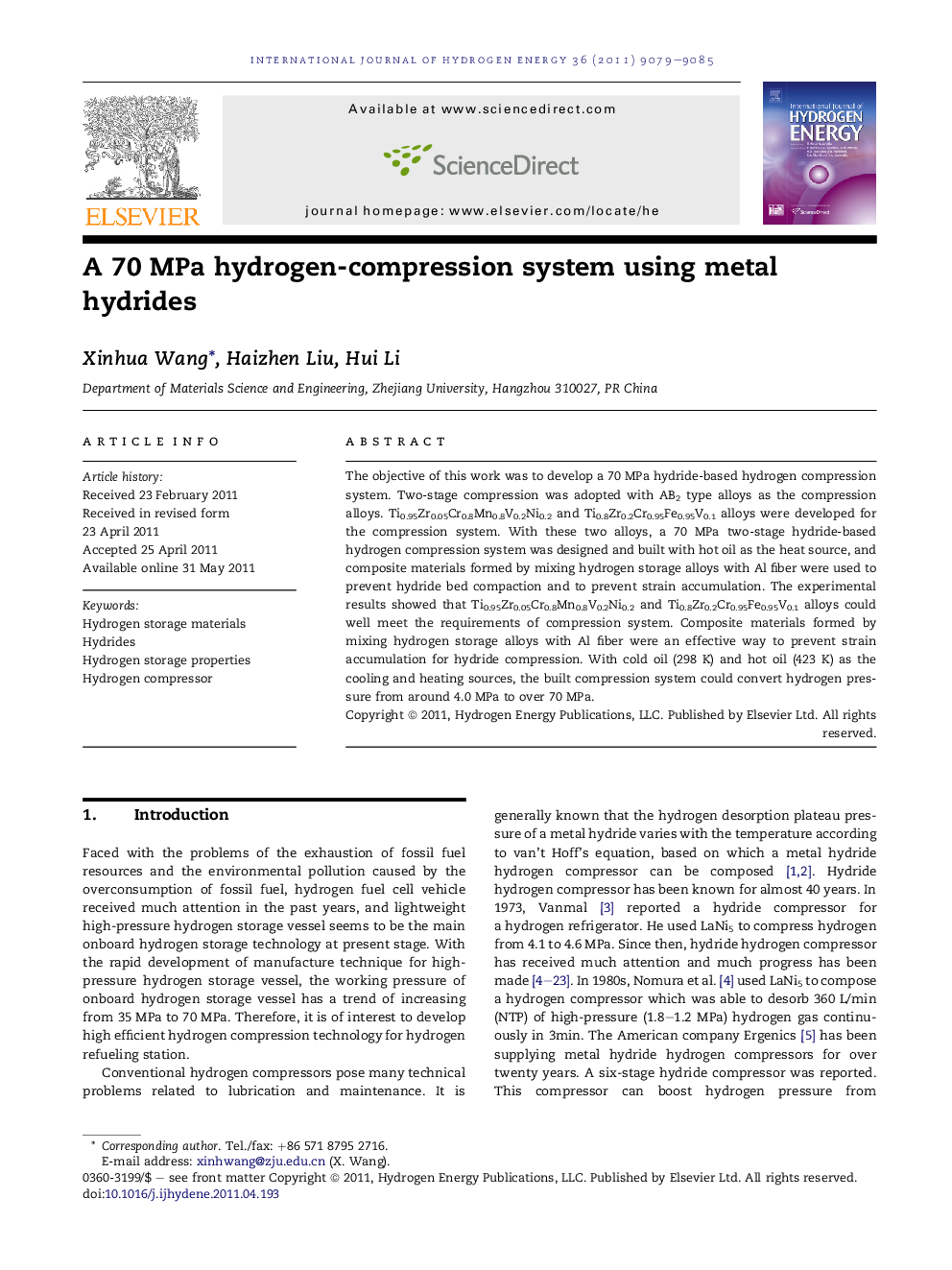 A 70 MPa hydrogen-compression system using metal hydrides