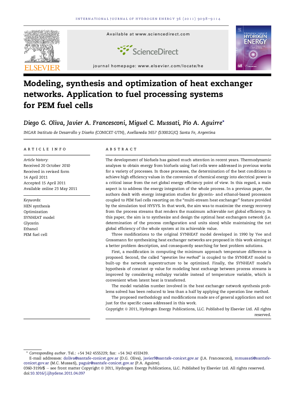 Modeling, synthesis and optimization of heat exchanger networks. Application to fuel processing systems for PEM fuel cells