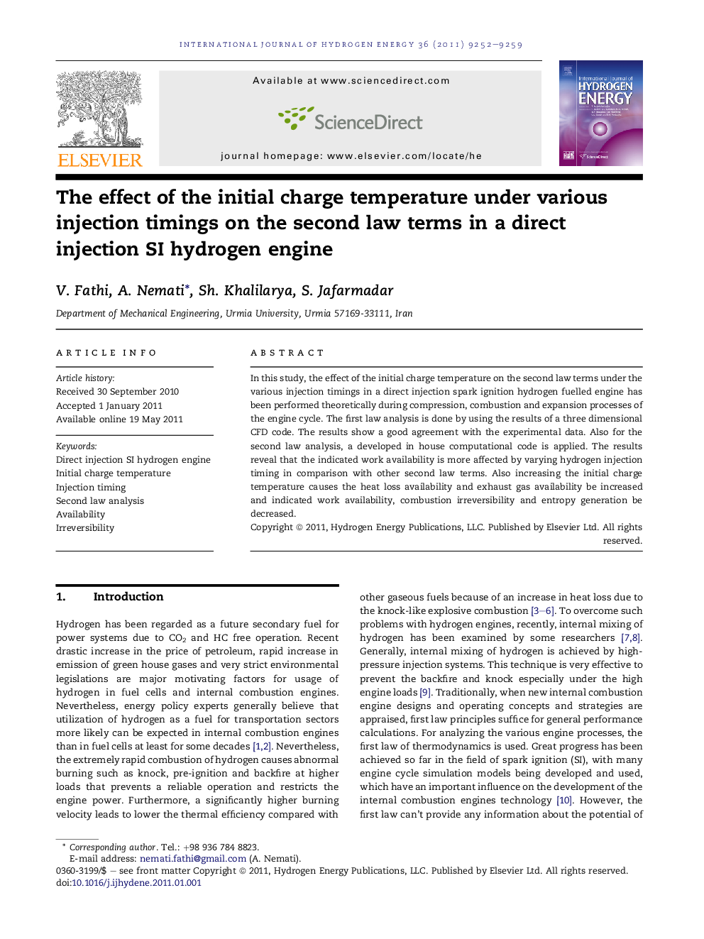 The effect of the initial charge temperature under various injection timings on the second law terms in a direct injection SI hydrogen engine