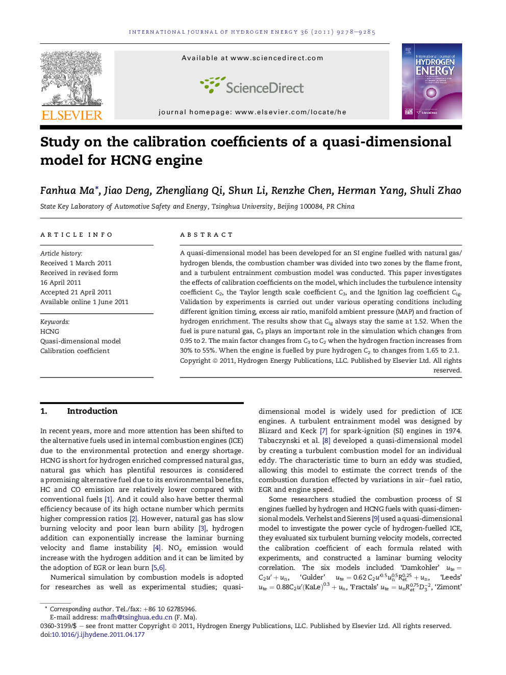 Study on the calibration coefficients of a quasi-dimensional model for HCNG engine