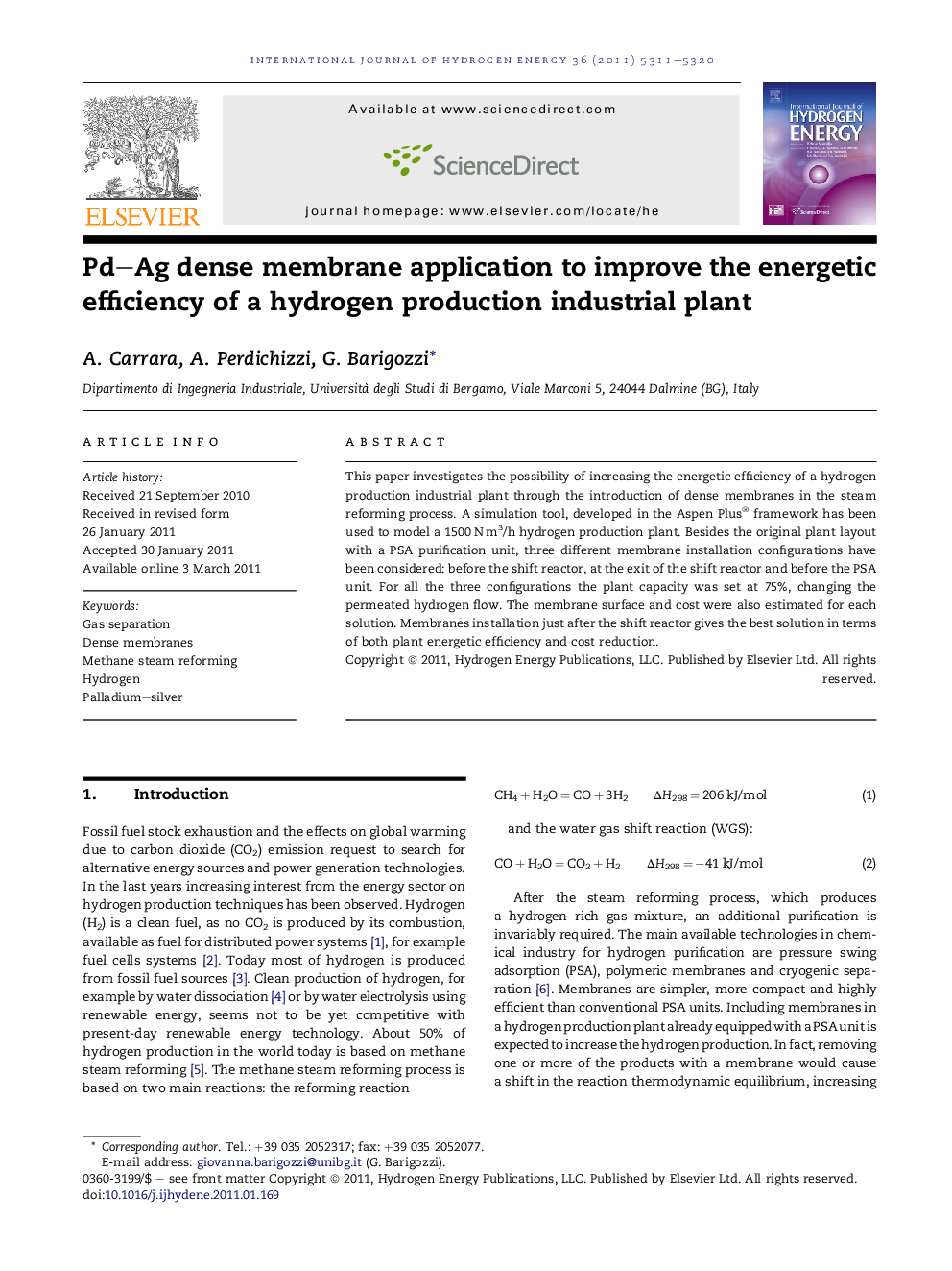 Pd–Ag dense membrane application to improve the energetic efficiency of a hydrogen production industrial plant