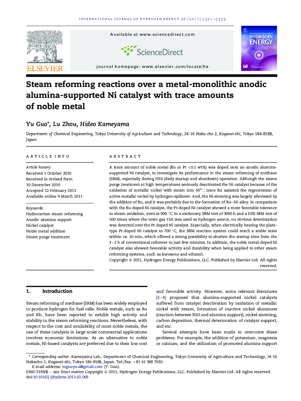 Steam reforming reactions over a metal-monolithic anodic alumina-supported Ni catalyst with trace amounts of noble metal