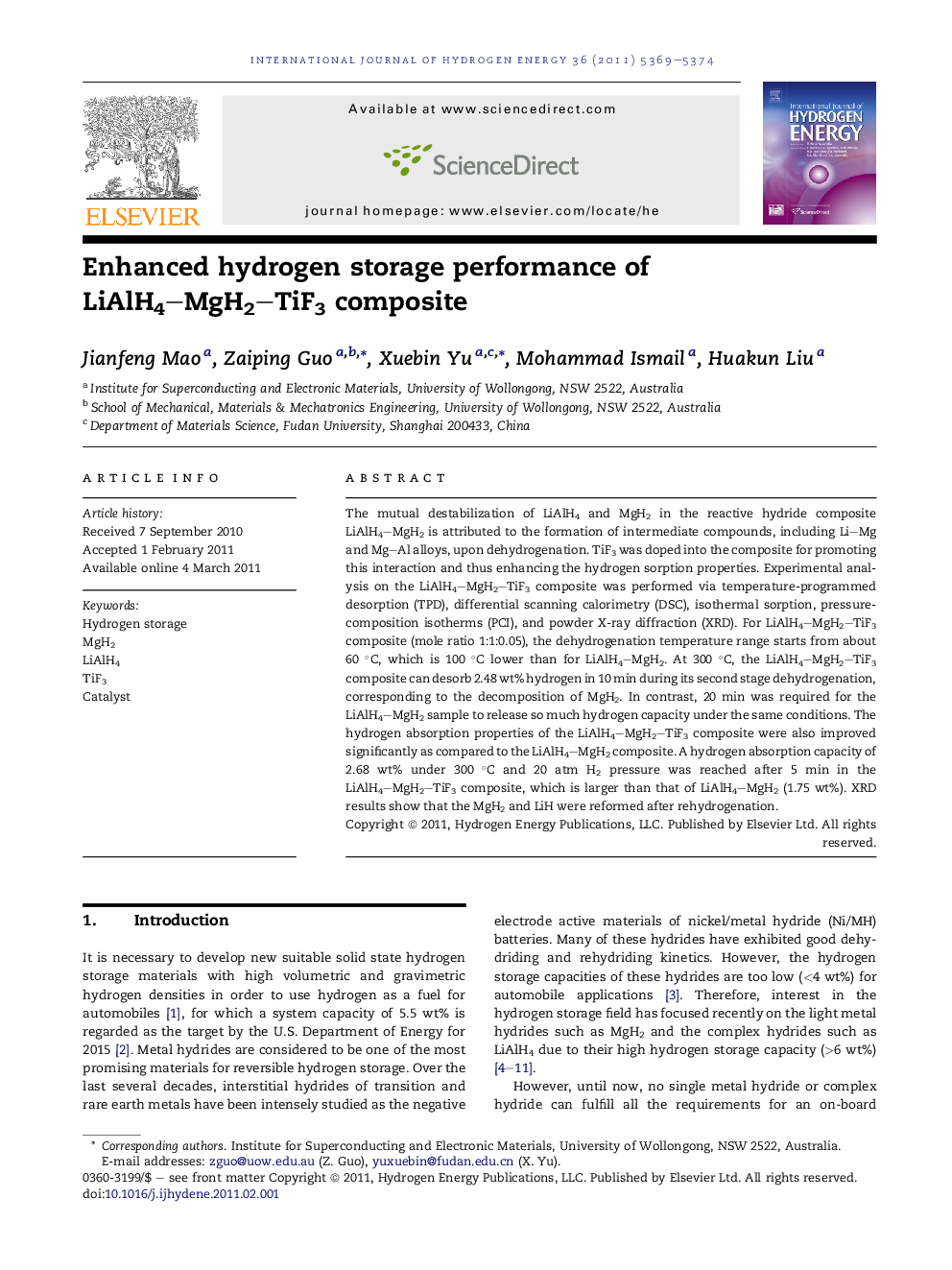 Enhanced hydrogen storage performance of LiAlH4–MgH2–TiF3 composite