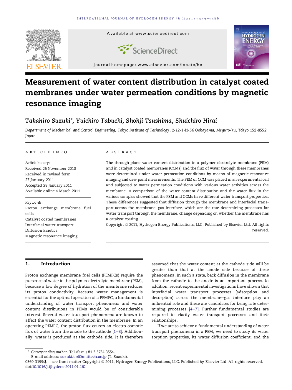 Measurement of water content distribution in catalyst coated membranes under water permeation conditions by magnetic resonance imaging