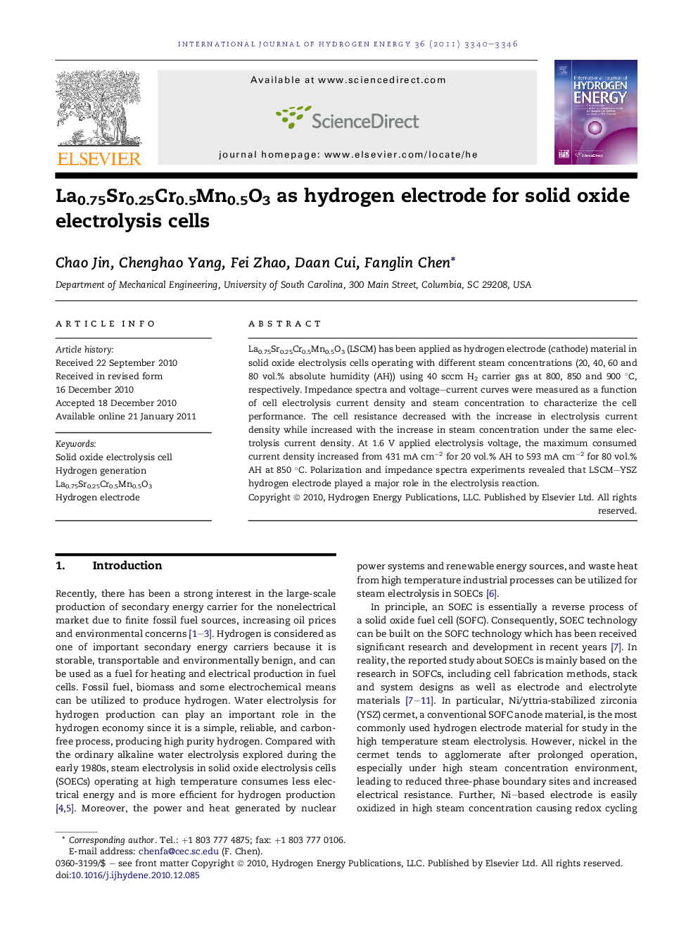 La0.75Sr0.25Cr0.5Mn0.5O3 as hydrogen electrode for solid oxide electrolysis cells