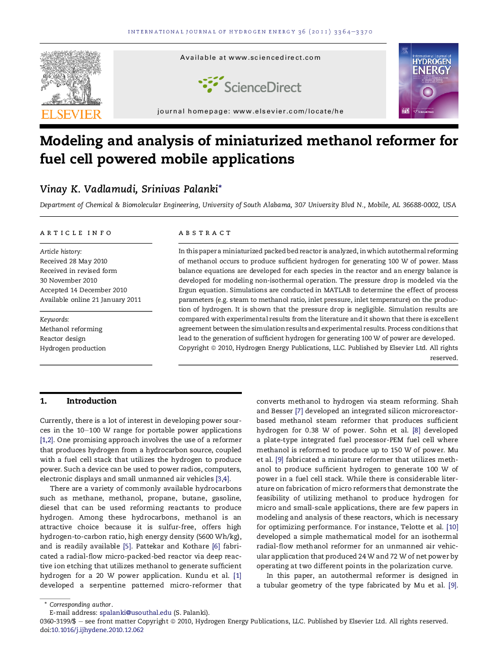 Modeling and analysis of miniaturized methanol reformer for fuel cell powered mobile applications