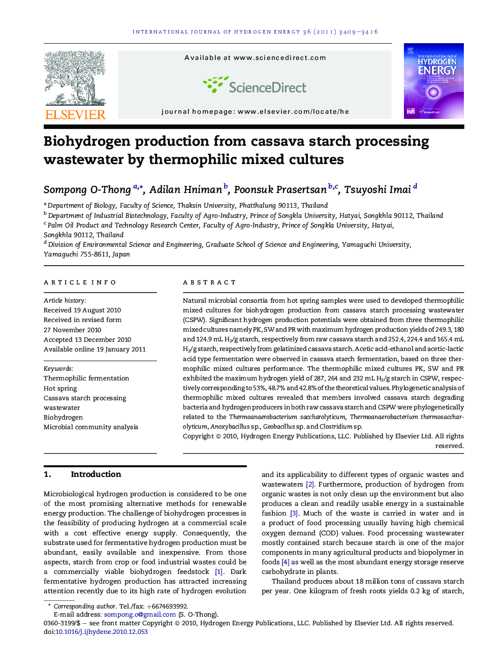 Biohydrogen production from cassava starch processing wastewater by thermophilic mixed cultures