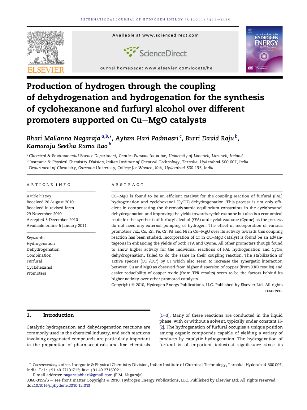 Production of hydrogen through the coupling of dehydrogenation and hydrogenation for the synthesis of cyclohexanone and furfuryl alcohol over different promoters supported on Cu–MgO catalysts