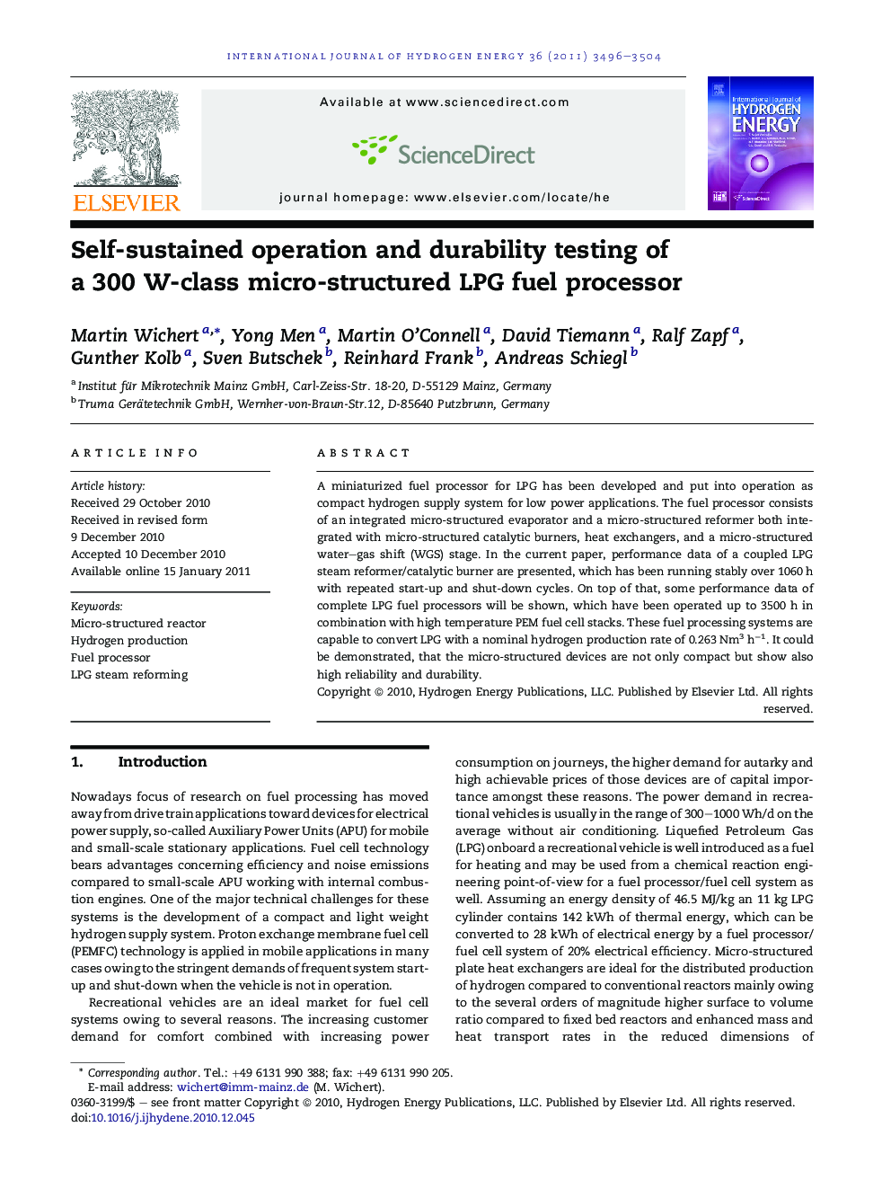 Self-sustained operation and durability testing of a 300 W-class micro-structured LPG fuel processor