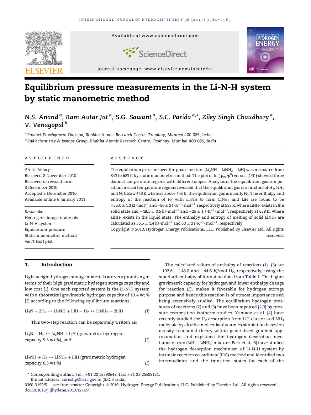 Equilibrium pressure measurements in the Li-N-H system by static manometric method