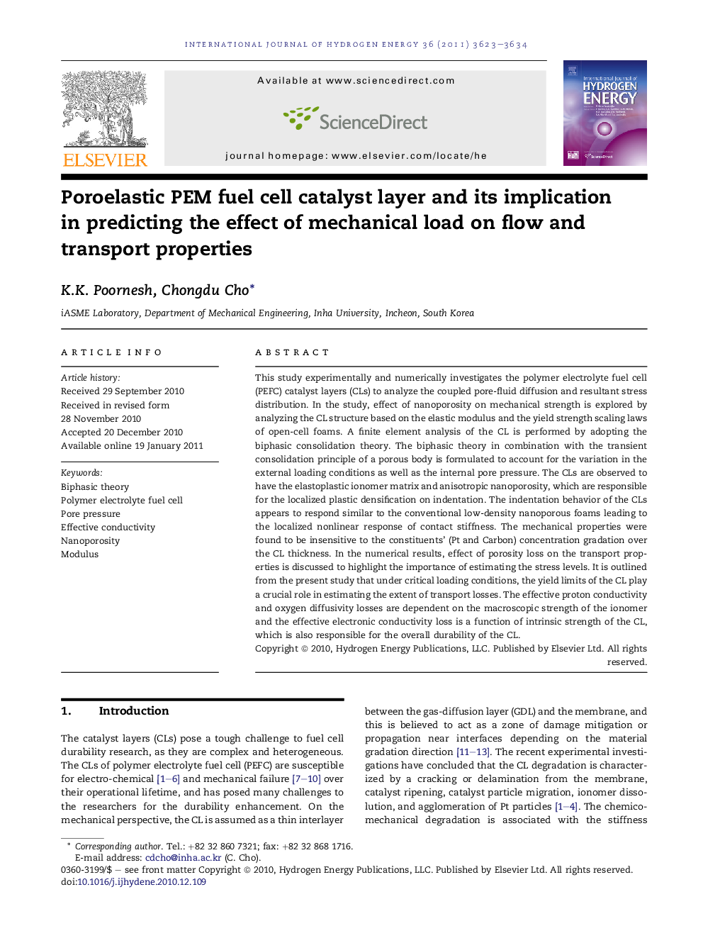 Poroelastic PEM fuel cell catalyst layer and its implication in predicting the effect of mechanical load on flow and transport properties