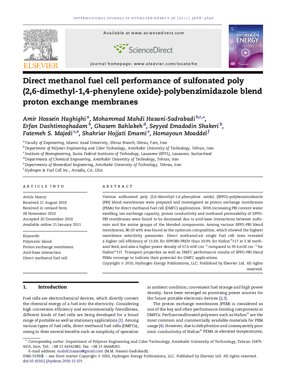 Direct methanol fuel cell performance of sulfonated poly (2,6-dimethyl-1,4-phenylene oxide)-polybenzimidazole blend proton exchange membranes