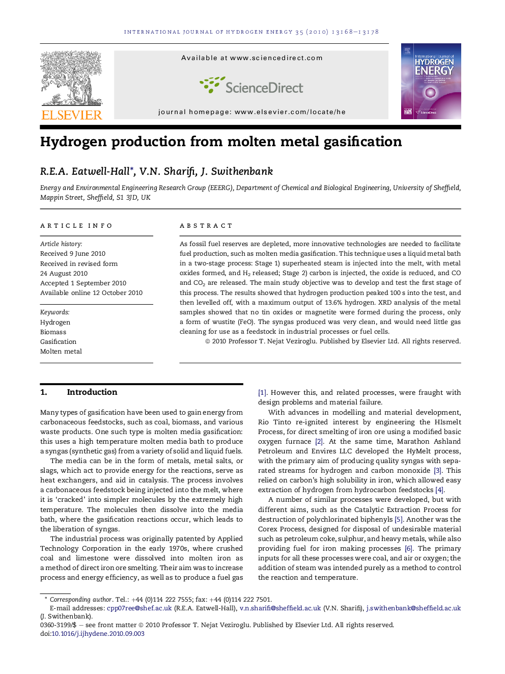 Hydrogen production from molten metal gasification