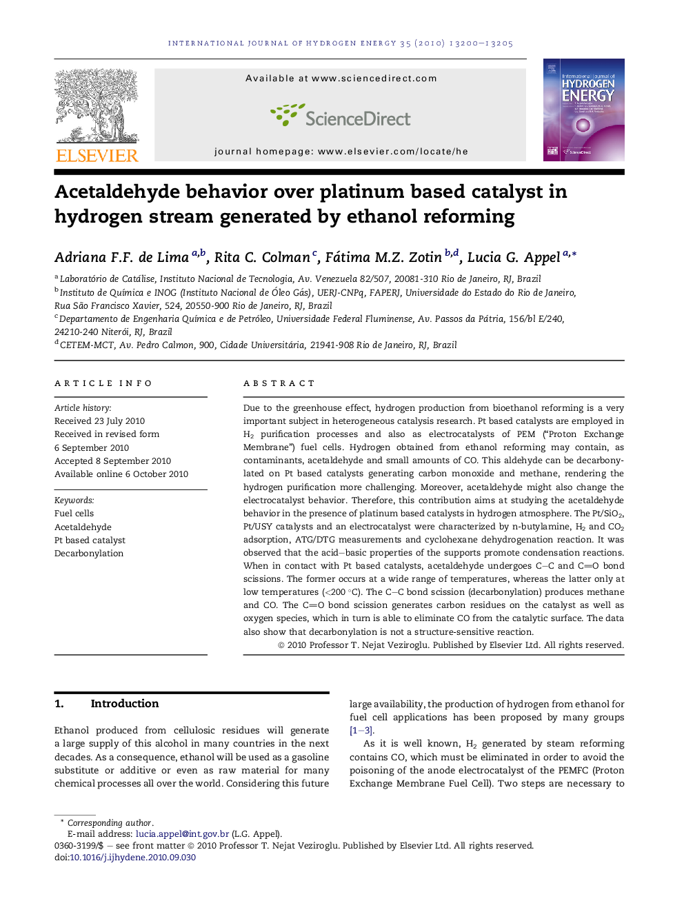 Acetaldehyde behavior over platinum based catalyst in hydrogen stream generated by ethanol reforming