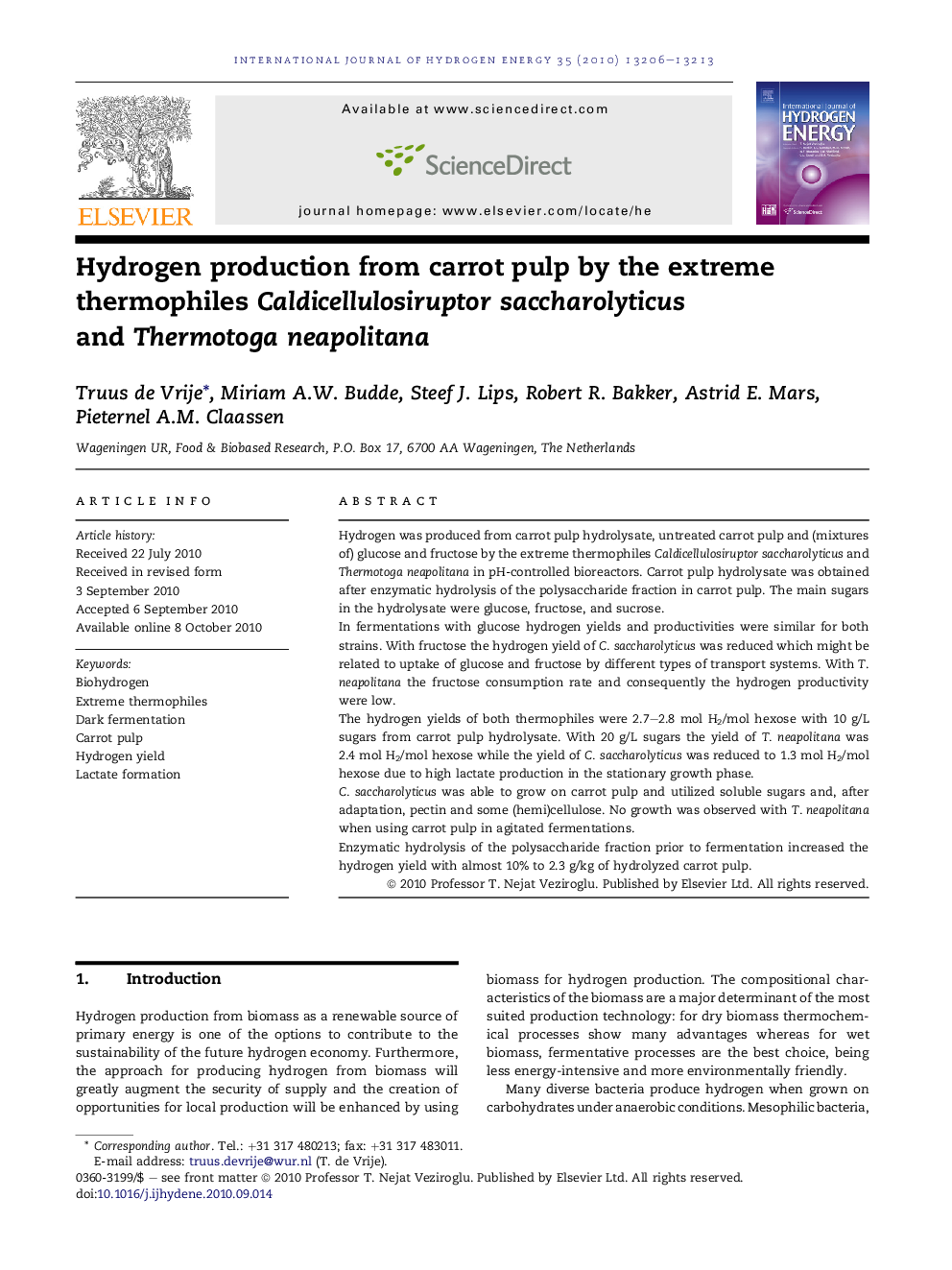 Hydrogen production from carrot pulp by the extreme thermophiles Caldicellulosiruptor saccharolyticus and Thermotoga neapolitana