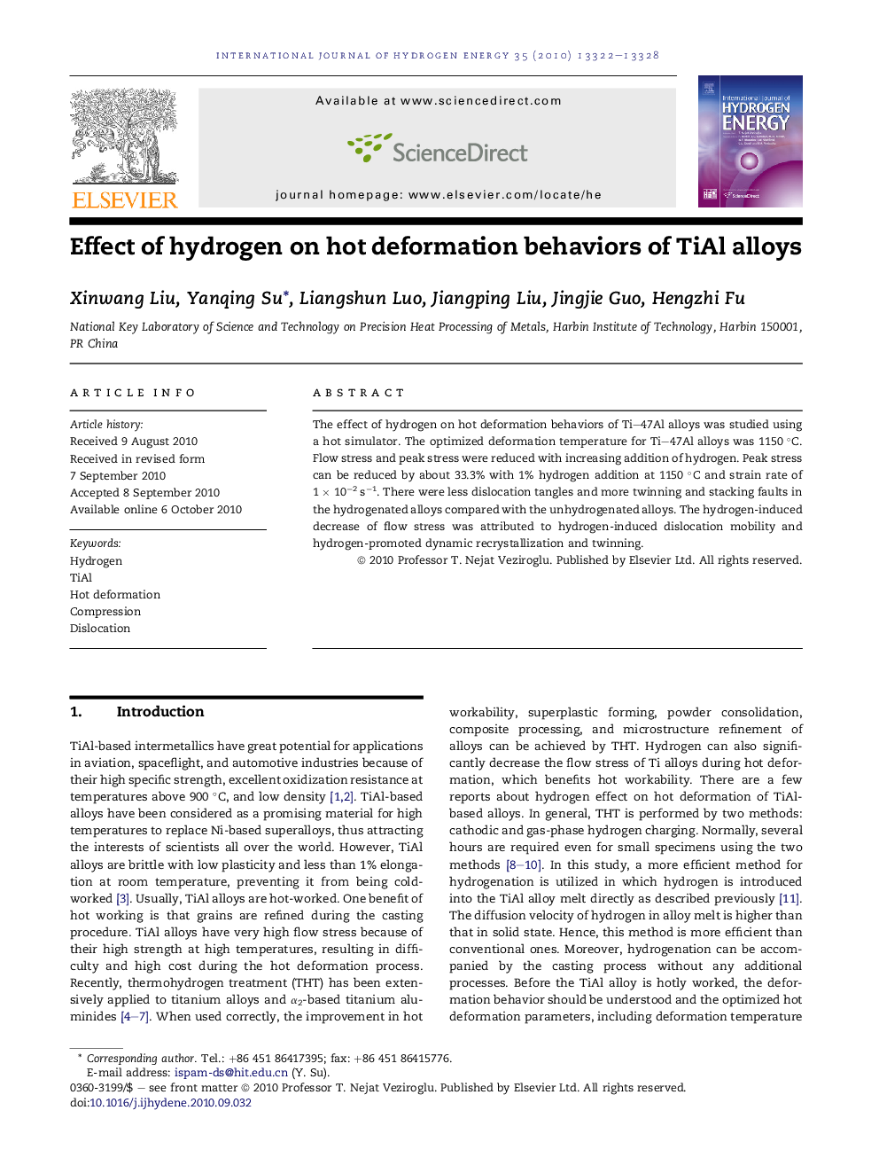 Effect of hydrogen on hot deformation behaviors of TiAl alloys