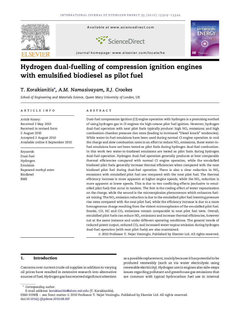 Hydrogen dual-fuelling of compression ignition engines with emulsified biodiesel as pilot fuel